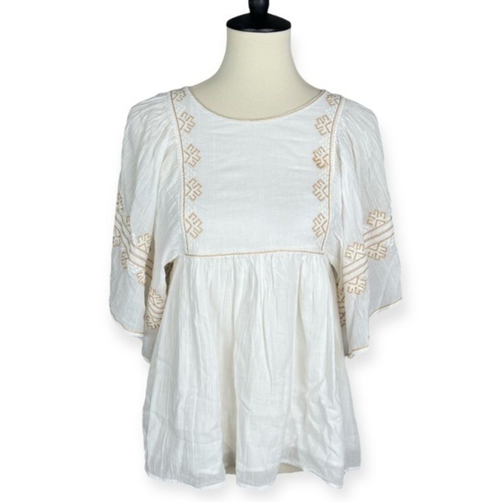 Vanessa Bruno Nael Blouse Gold Embroidered Flutter Slv Boho Babydoll Top Sz S - Picture 2 of 11